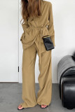 Casual Solid Color Pocket With Belt V Neck Long Sleeve Two Pieces