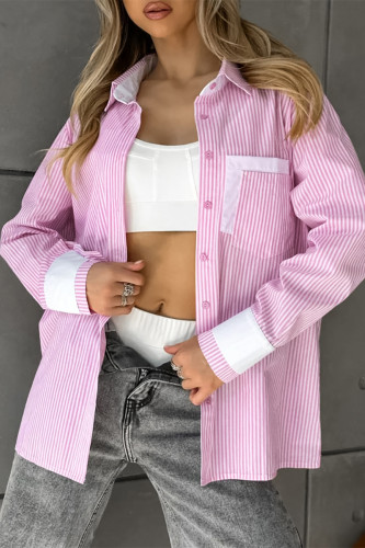 Daily Stripe Buttons Patchwork Contrast Turndown Collar Tops