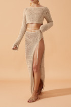 Sexy Vacation Solid Color Lace Up Slit O Neck Long Sleeve Two Pieces