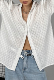 Elegant Solid Color Jacquard Lace Up Turndown Collar Tops