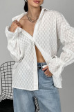 Elegant Solid Color Jacquard Lace Up Turndown Collar Tops
