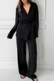 Casual Solid Color Pocket With Belt V Neck Long Sleeve Two Pieces