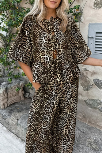 Casual Leopard Lace Up Contrast O Neck Short Sleeve Two Pieces
