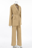 Casual Solid Color Pocket With Belt V Neck Long Sleeve Two Pieces
