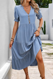 Elegant Solid Color Buttons Flounce V Neck A Line Short Sleeve Dress