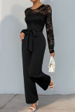 Daily Solid Color Lace Lace Up O Neck Jumpsuits