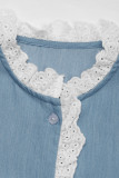 Daily Solid Color Lace Patchwork O Neck Tops