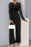 Daily Solid Color Lace Lace Up O Neck Jumpsuits