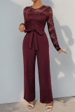 Daily Solid Color Lace Lace Up O Neck Jumpsuits