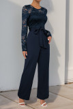 Daily Solid Color Lace Lace Up O Neck Jumpsuits