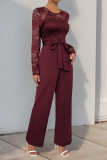 Daily Solid Color Lace Lace Up O Neck Jumpsuits