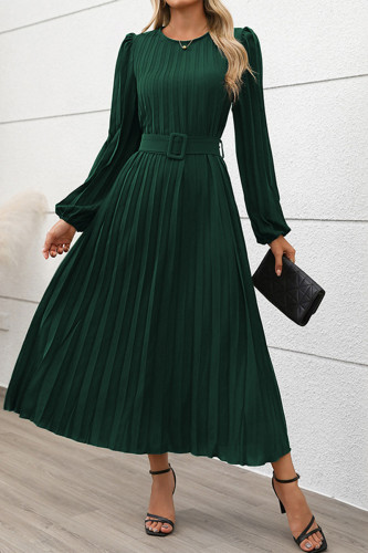 Elegant Solid Color With Belt Pleated O Neck Pleated Dresses
