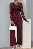 Daily Solid Color Lace Lace Up O Neck Jumpsuits