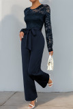 Daily Solid Color Lace Lace Up O Neck Jumpsuits
