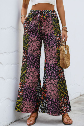 Vacation Floral Print Pocket Lace Up Loose High Waist Wide Leg Full Print Bottoms