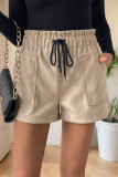 Casual Solid Color Draw String Pocket Loose High Waist Straight Solid Color Bottoms