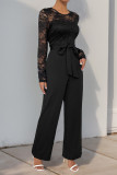 Daily Solid Color Lace Lace Up O Neck Jumpsuits
