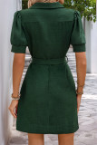 Casual Solid Color Pocket Lace Up Buckle Turndown Collar Short Sleeve Short Sleeve Dress