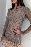 Elegant Solid Color Mesh Tinsel Feather Hemline O Neck Mini Dresses