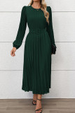 Elegant Solid Color With Belt Pleated O Neck Pleated Dresses