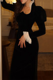 Elegant Solid Color Lace Patchwork Velvet Square Neck Wrapped Skirt Dresses