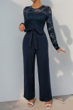 Daily Solid Color Lace Lace Up O Neck Jumpsuits