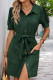 Casual Solid Color Pocket Lace Up Buckle Turndown Collar Short Sleeve Short Sleeve Dress