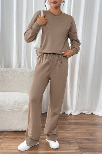 Casual Daily Solid Color Buttons O Neck Long Sleeve Two Pieces