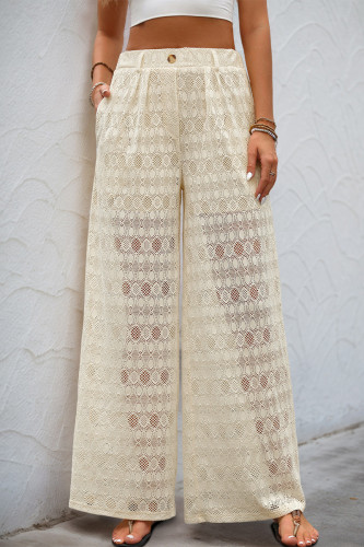 Casual Solid Color Lace See-Through Loose High Waist Wide Leg Solid Color Bottoms