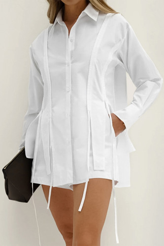 Casual Solid Color Draw String Buttons Cardigan Turndown Collar Long Sleeve Two Pieces
