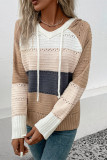 Casual Colorblock Draw String Weave Contrast Hooded Tops