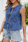 Casual Solid Color Lace Up O Neck Tops