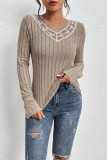 Casual Solid Color Lace Patchwork Potholes V Neck Tops