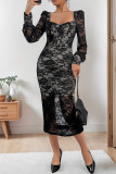 Sexy Solid Color Lace Square Neck Lace Dress Dresses