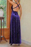 Sexy Prom Solid Color Backless Sequined Velvet Halter Evening Dresses