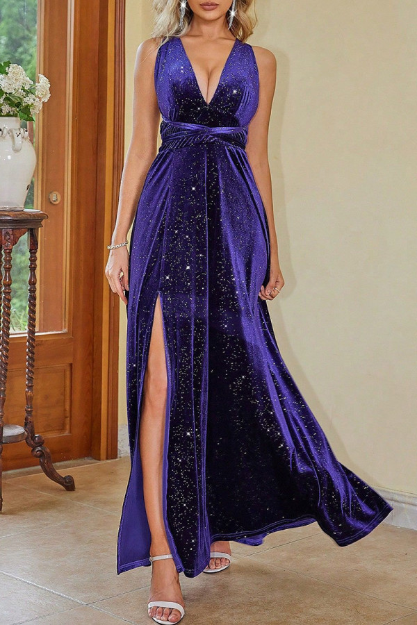 Sexy Prom Solid Color Backless Sequined Velvet Halter Evening Dresses