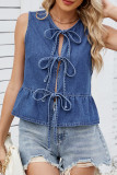 Casual Solid Color Lace Up O Neck Tops