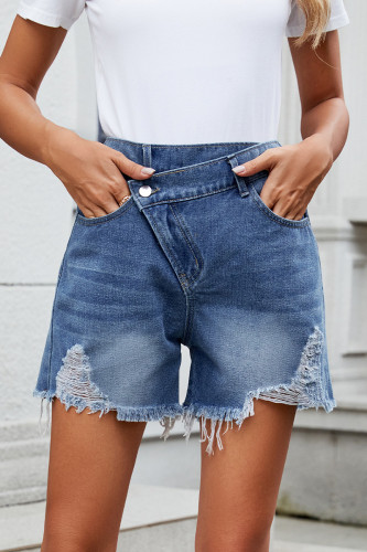 Casual Solid Color Ripped Distressed Irregular Mid Waist Regular Denim Shorts
