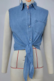 Casual Solid Color Lace Up Buttons Turndown Collar Tops