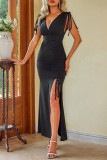 Sexy Solid Color Draw String Slit V Neck Sleeveless Dresses