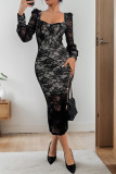 Sexy Solid Color Lace Square Neck Lace Dress Dresses