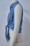 Casual Solid Color Lace Up Buttons Turndown Collar Tops