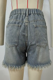 Casual Solid Color Rivets Tassel Mid Waist Loose Denim Shorts