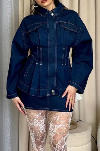 Casual Solid Color Patchwork Turndown Collar Long Sleeve Loose Denim Jacket