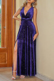 Sexy Prom Solid Color Backless Sequined Velvet Halter Evening Dresses