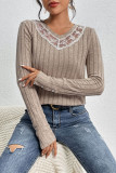 Casual Solid Color Lace Patchwork Potholes V Neck Tops