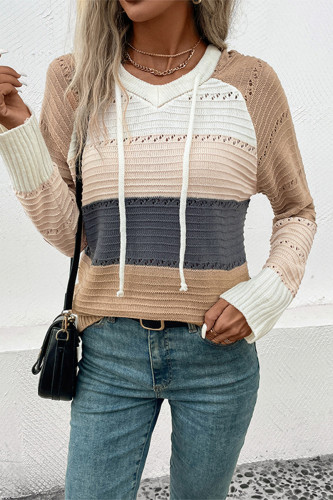 Casual Colorblock Draw String Weave Contrast Hooded Tops