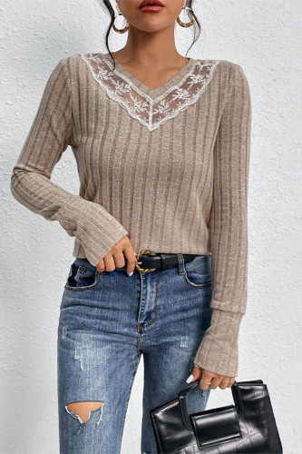 Casual Solid Color Lace Patchwork Potholes V Neck Tops