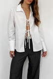 Sexy Solid Color Lace Up Turndown Collar Tops