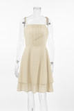 Daily Solid Color Lace Up Pleated Flounce Square Neck Sling Dresses